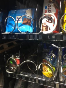 fine chocolates, Capri Sun, paprika flavored chips, and condoms